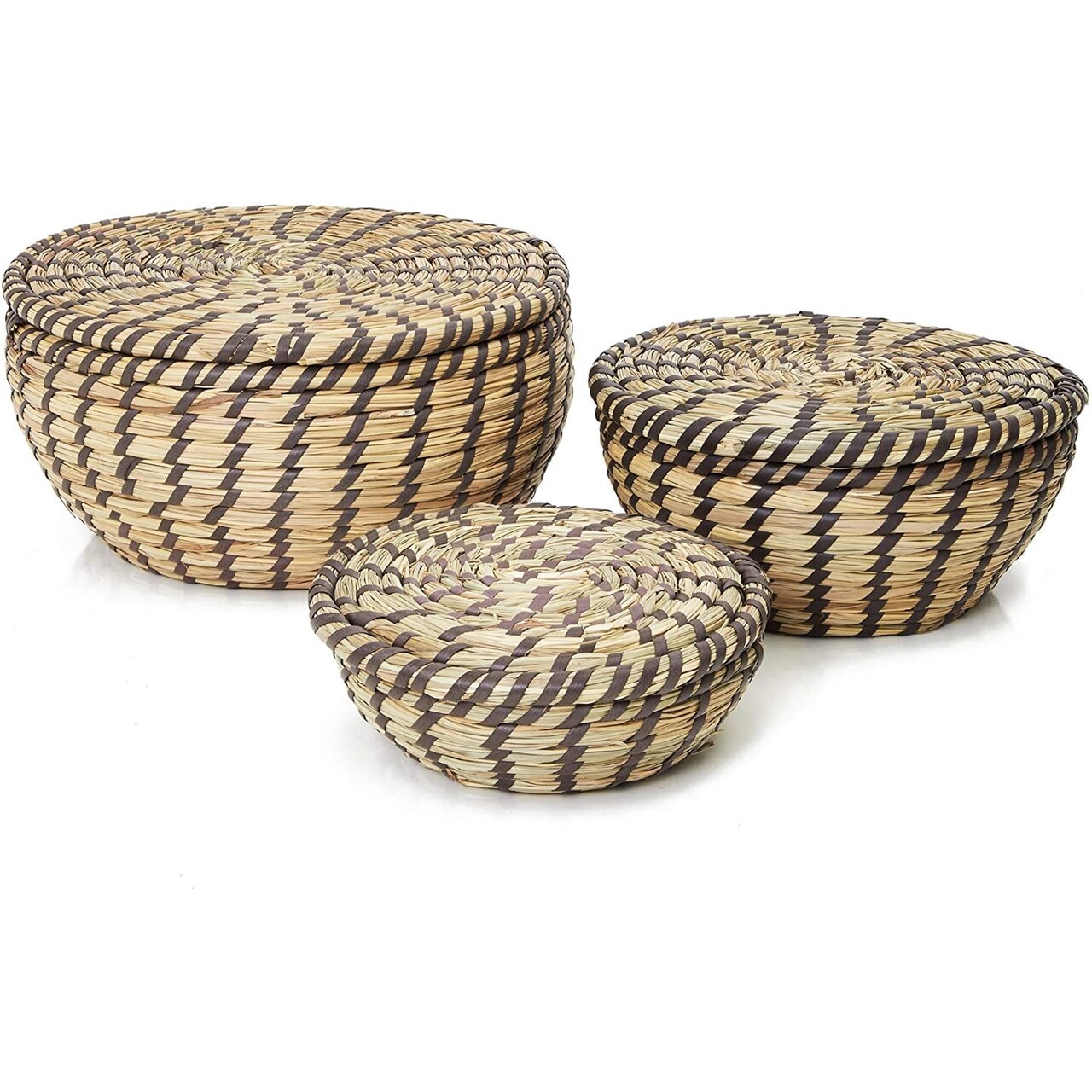 Decorative Seagrass Storage Baskets for Organizing, Round Woven Baskets in 3 Sizes with Lids (3 Piece Set)